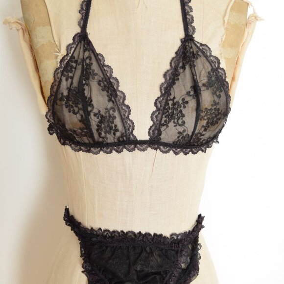 vintage 80s lingerie set sheer black lace bra panties bed jacket XS S - Picture 8 of 9